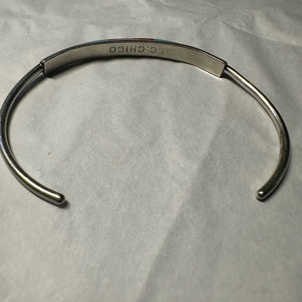 Vintage handmade Native American Zuni inlaid turquoise silver cuff bracelet - Picture 2 of 12